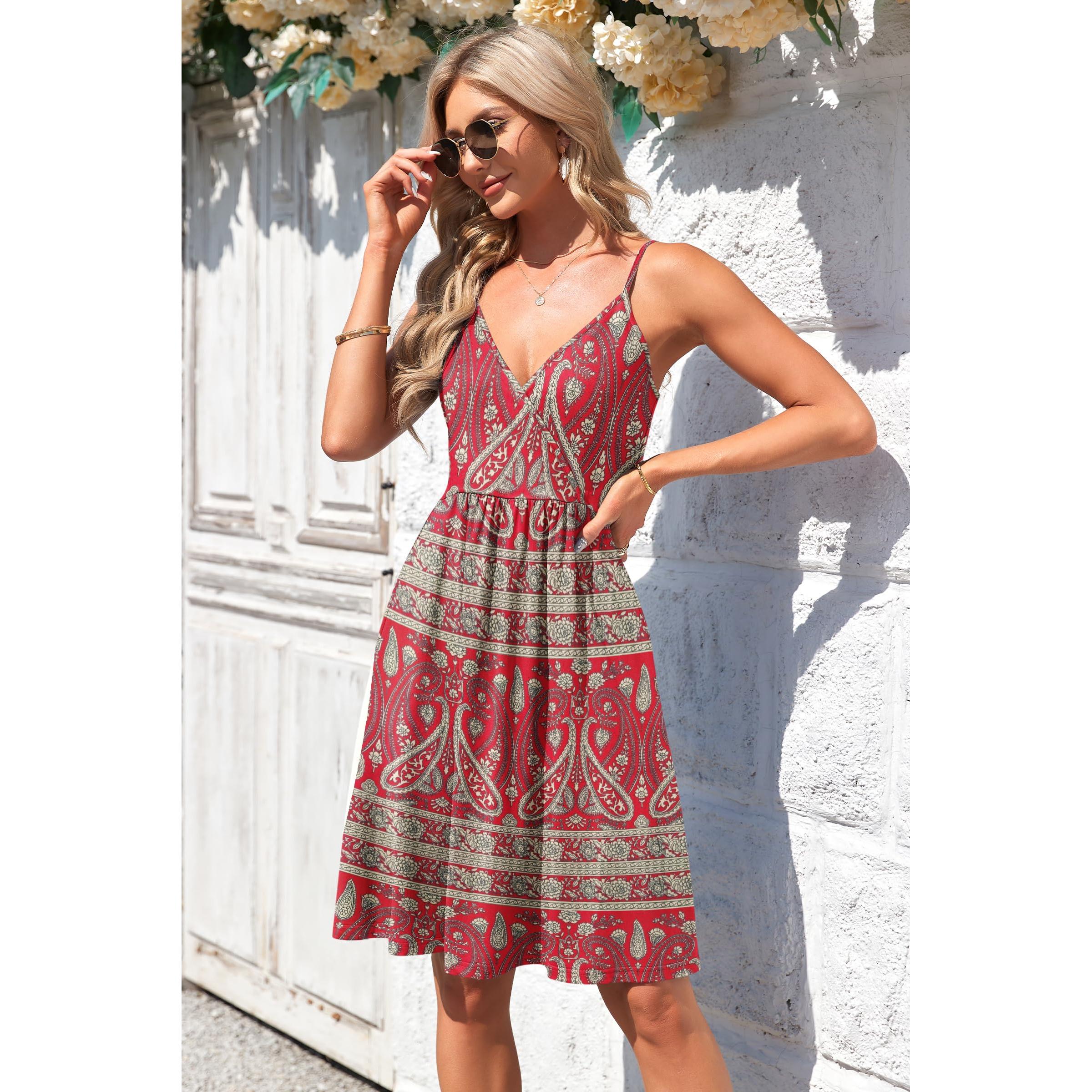 AUSELILY Summer V Neck Spaghetti Strap Dress With Pockets