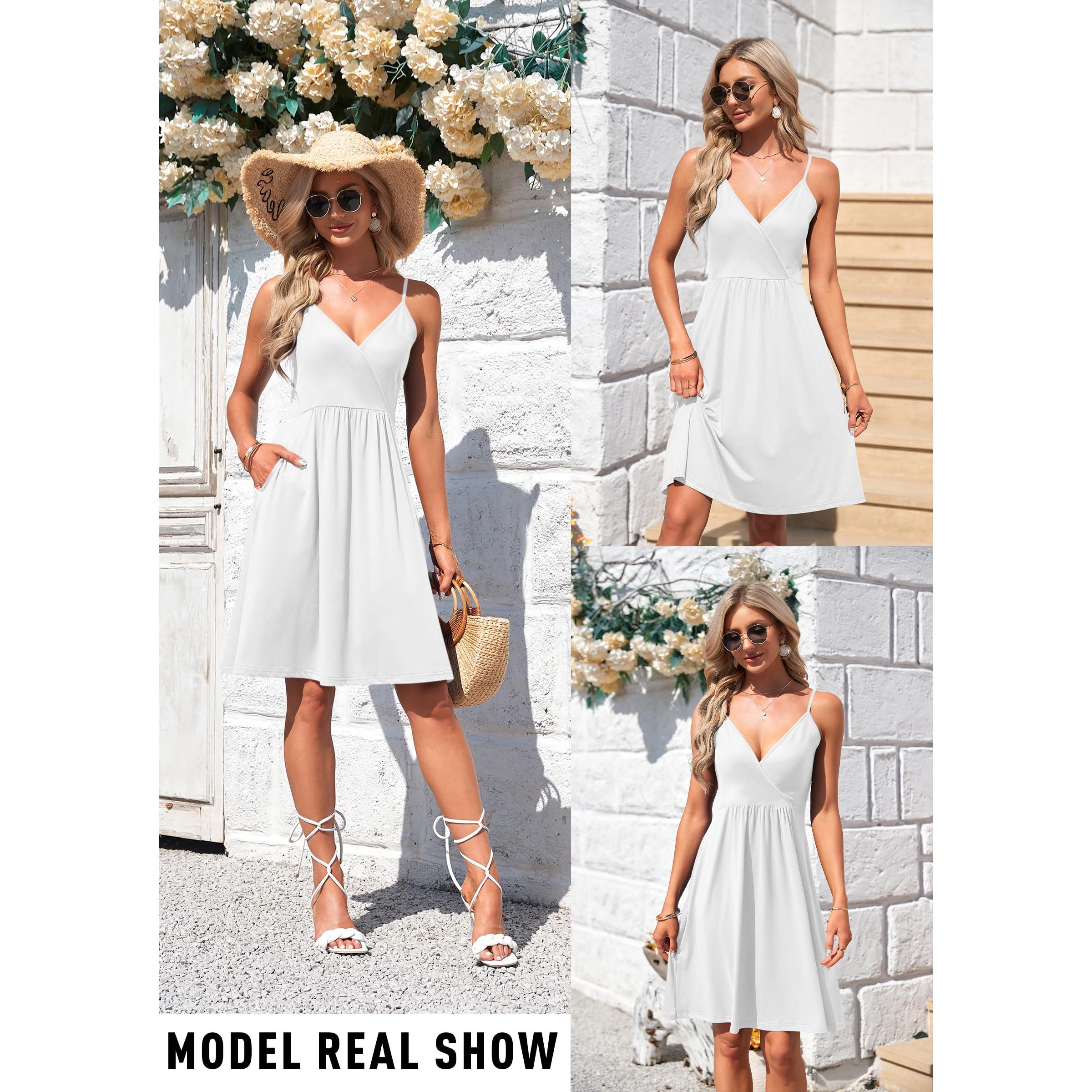 AUSELILY Summer V Neck Spaghetti Strap Dress With Pockets