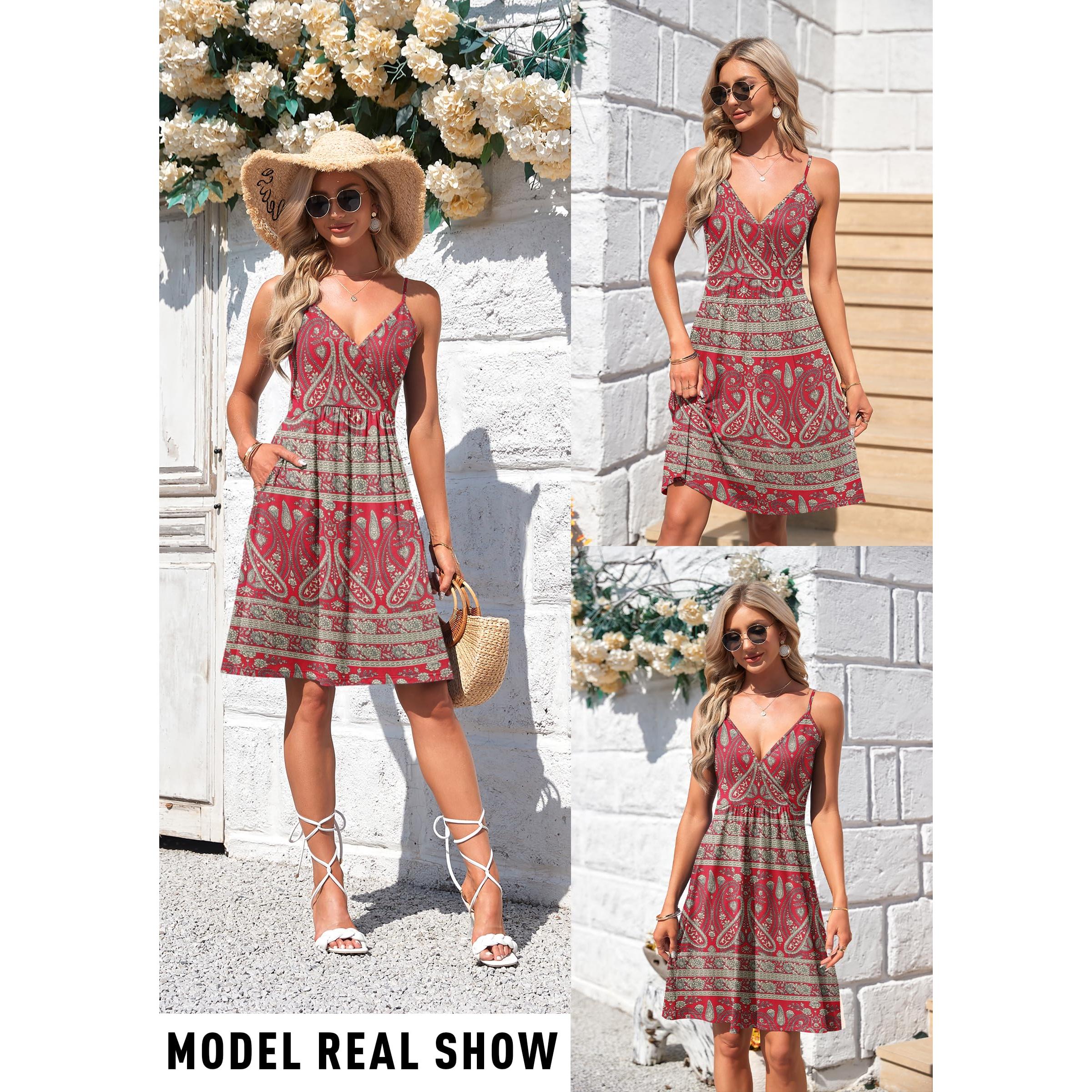 AUSELILY Summer V Neck Spaghetti Strap Dress With Pockets