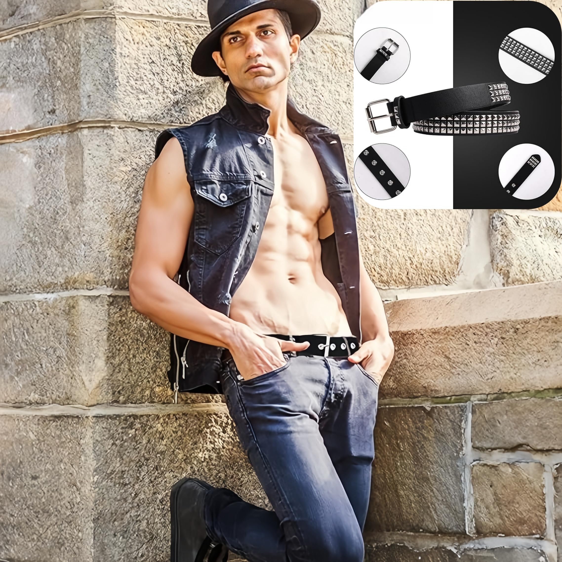 Goth Row Rivet Studded Belt Black PU Leather 110cm