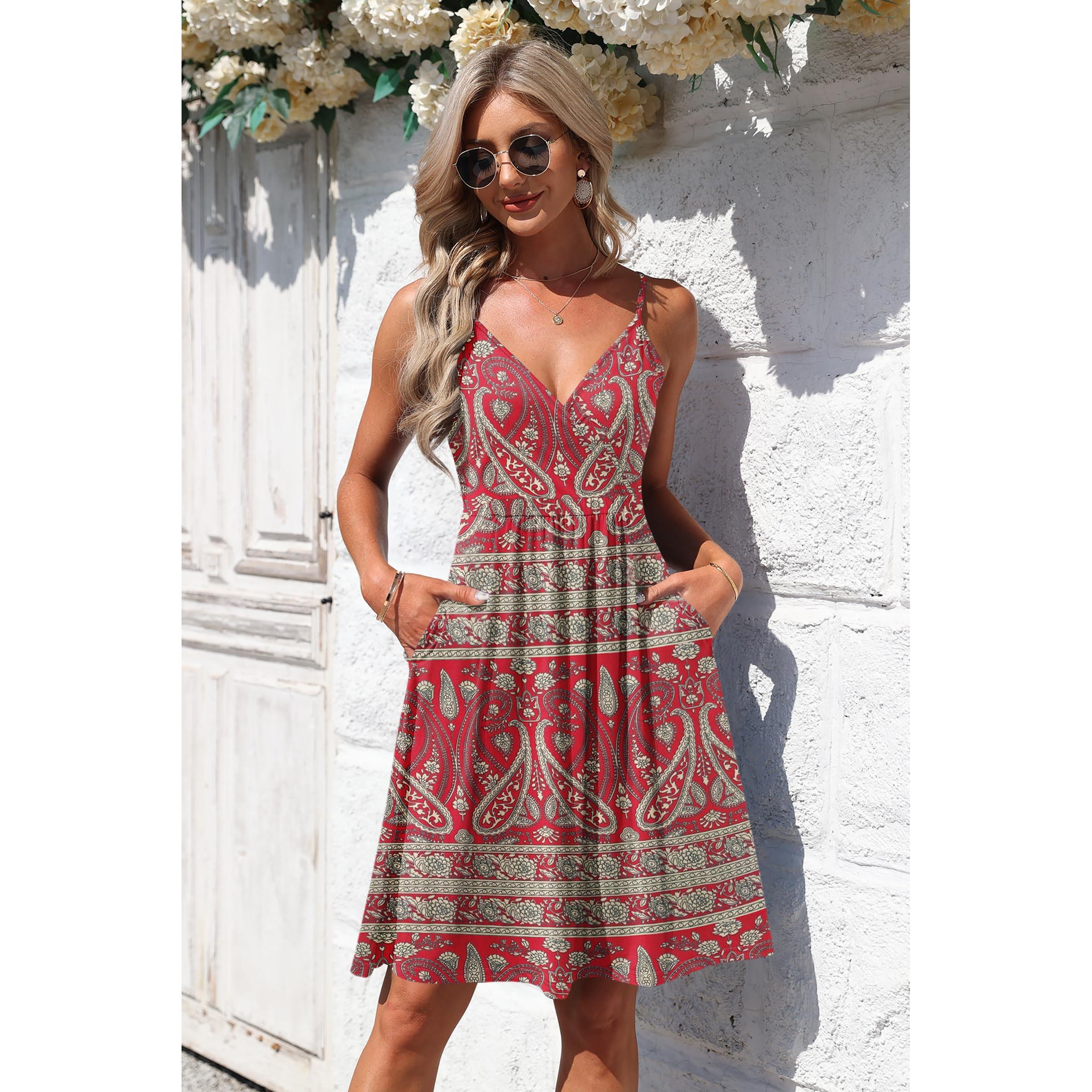 AUSELILY Summer V Neck Spaghetti Strap Dress With Pockets